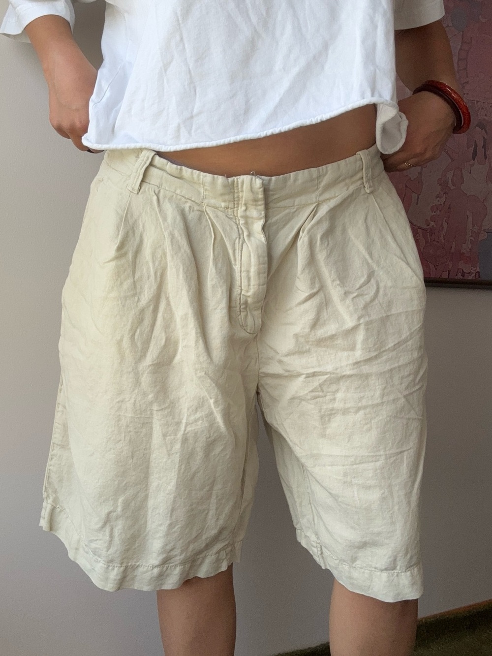 Zara Cream High-Waist Pleated Shorts